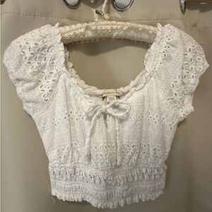 White Eyelet Tie-Front Smocked Crop Top